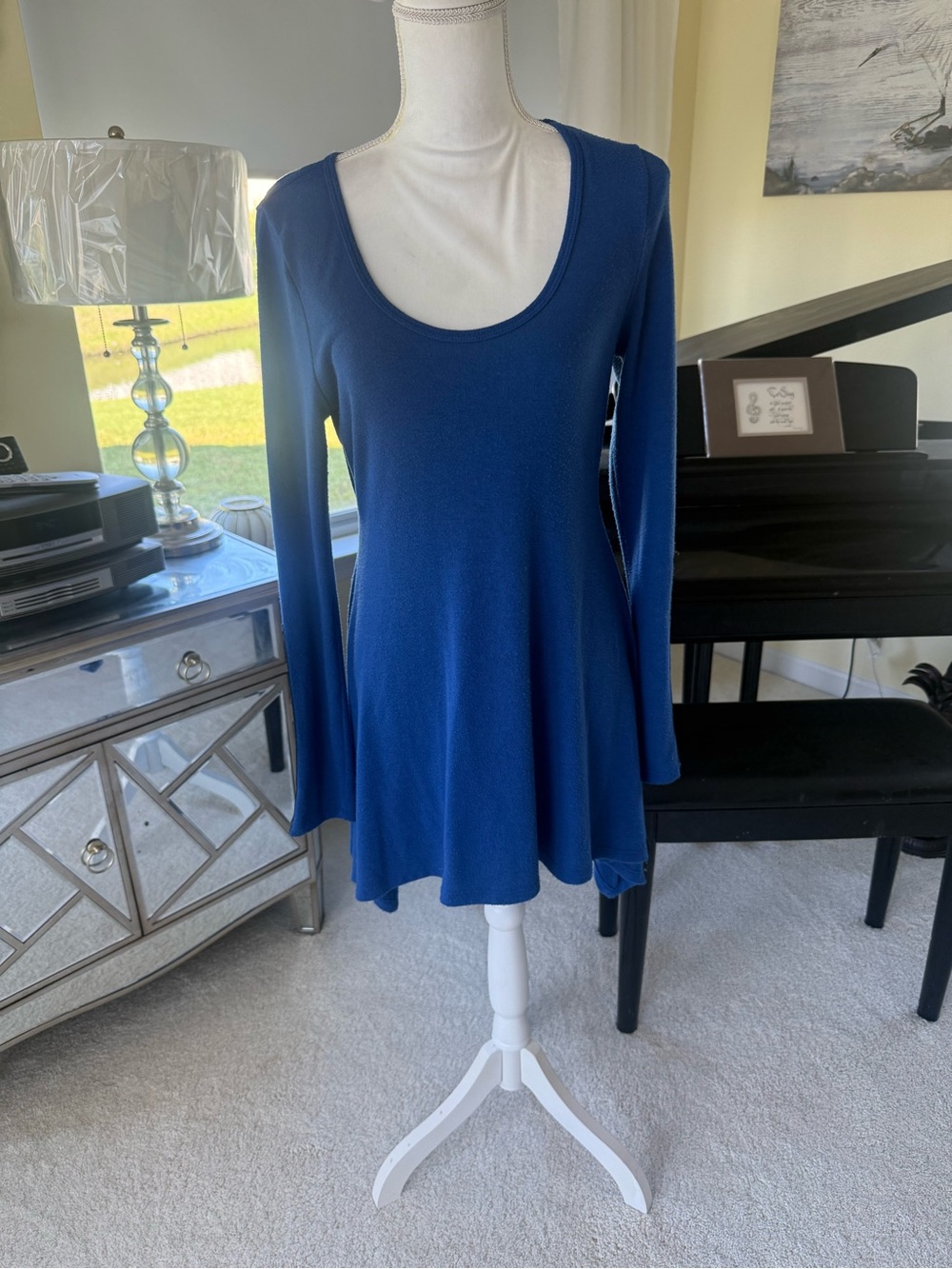 Karen Kane knit jersey scoop neck skater skimmer dress vegan faux leather patch